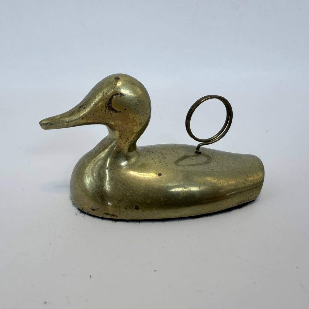 Vintage Brass Duck Paperweight Memo Photo Holder Desk Accessory 3 Inch